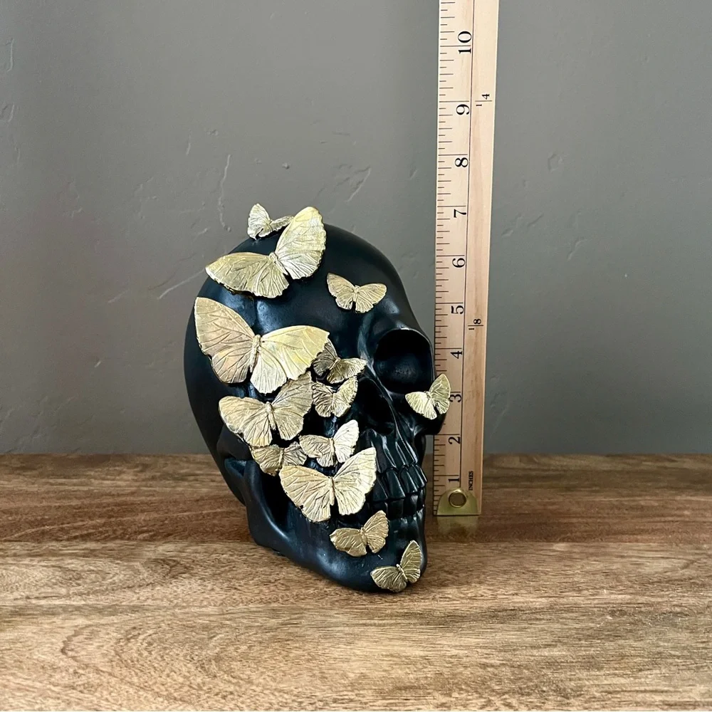 Black Skeleton Skull Gold Metal Butterflies Dark Coquette Glam Gilded Halloween
